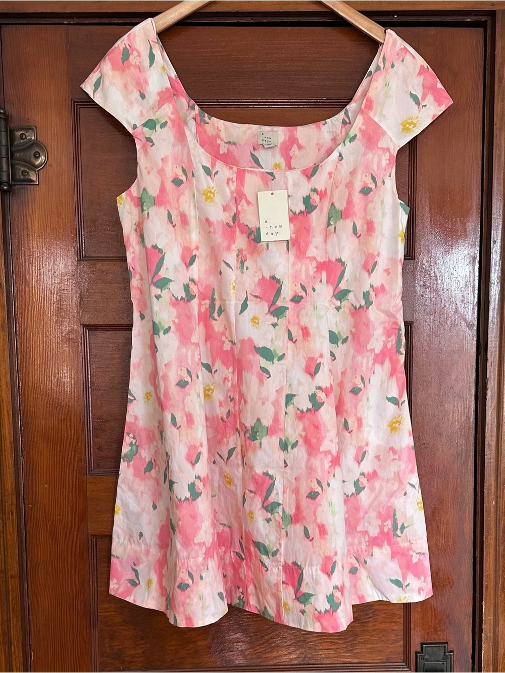 A New Day Watercolor Square Neck Mini Dress Size 16 Cotton Coquette Floral Pink